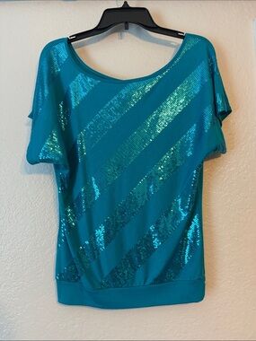 Love Rocks blue Sequin Diagonal Stripe Short Sleeve Top